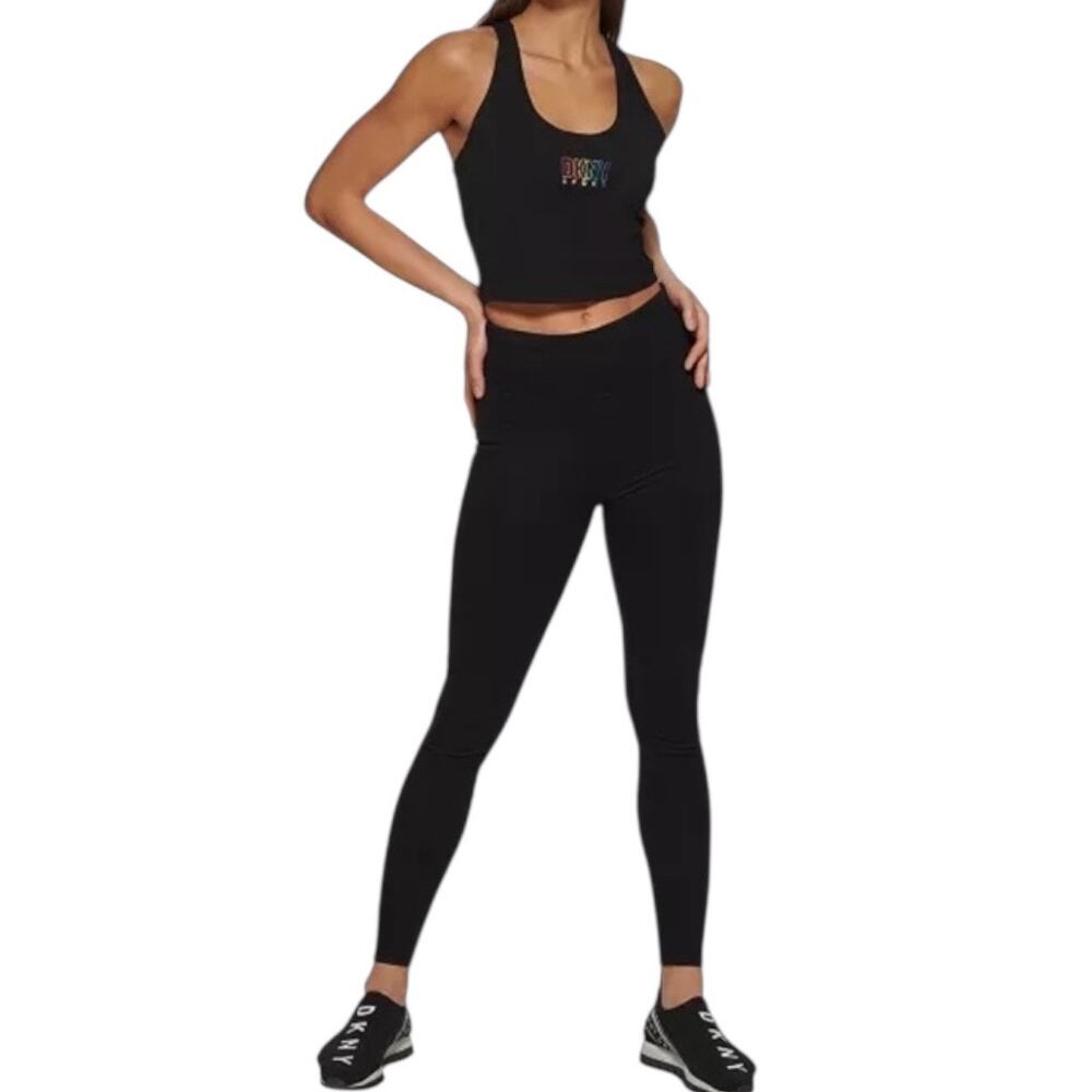 NWT DKNY Sport PRIDE 🌈 Black Racerback Crop Workout Stretch BraTank Rainbow Logo